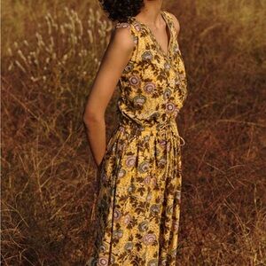 Anokhi Block Print Floral Yellow Jumpsuit